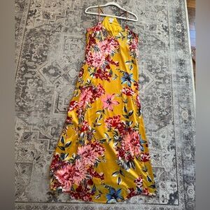 Nicole Miller New York Yellow Floral Satin Slip Maxi Dress, V-neck, Size 10